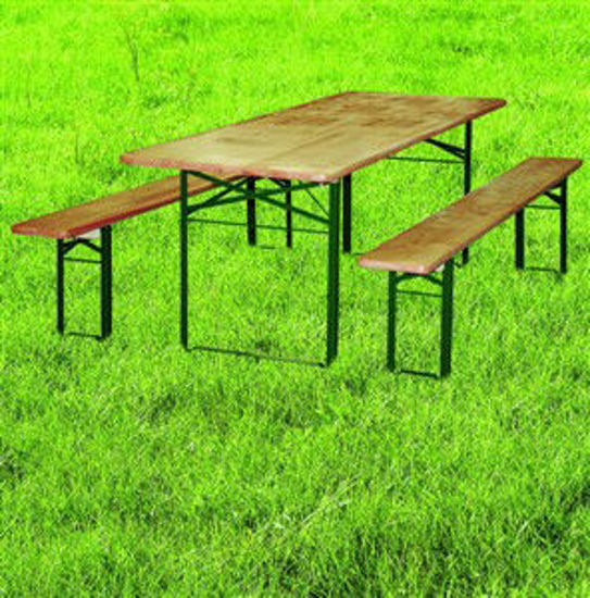 Faidanet. set birreria import, composto da 1 tavolo con gambe pieghevoli  dimensione cm. 220x80 h.73, 2 panche con gambe pieghevoli dimensione cm.  220x25 h.46