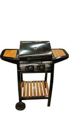 Immagine di Barbecue a gas a  2 fuochi  con coperchio, struttura in metallo con coppia di mensole laterali+ripiano e ruote                                                                                                                                                                                                                                                                                                                                                                                                      