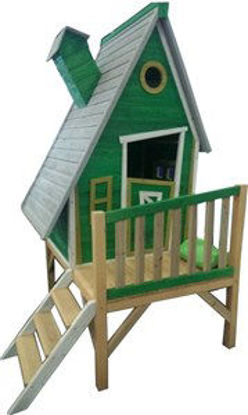 Immagine di casetta palafitta gioco bambini lewis, in legno decorata in verde, dimensioni cm.239x154 h.264, senza pavimento.                                                                                                                                                                                                                                                                                                                                                                                                    
