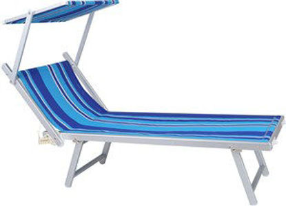 Immagine di lettino con tettuccio ripara sole, struttura in alluminio, seduta in tessuto texilene colore rigato blù, schienale regolabile in 3 posizioni, dimensioni cm.181x70 h.39                                                                                                                                                                                                                                                                                                                                             