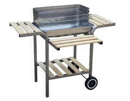 Immagine di barbecue a carbonella con 4 ripiani in legno cm. 93x59x93h griglia cm.54x34 con ruote                                                                                                                                                                                                                                                                                                                                                                                                                               