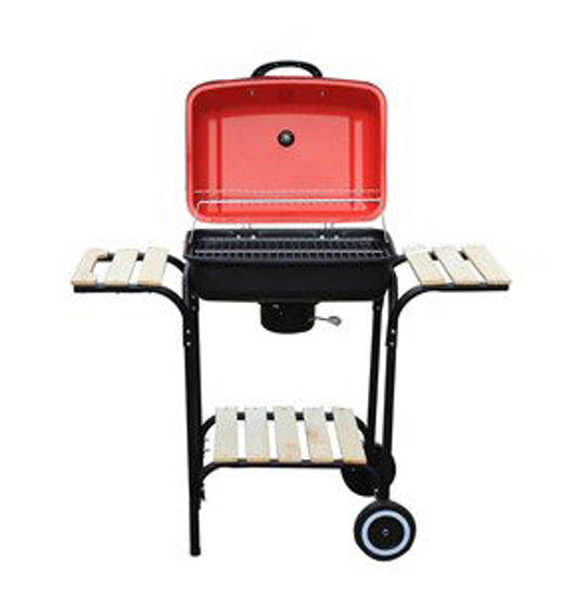 Immagine di barbecue a carbonella con 3 ripiani in legno coperchio e ruote cm.100x48x83h griglia cm.47x33 con ventola                                                                                                                                                                                                                                                                                                                                                                                                           
