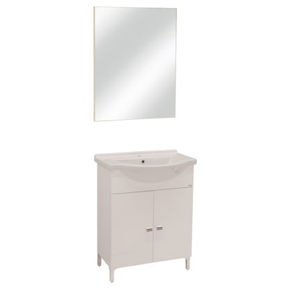 Immagine di composizione bagno bianca, composta da base cm l.65 p.46 h.81 con 2 ante, lavabo in ceramica e specchio cm l.52 h.68                                                                                                                                                                                                                                                                                                                                                                                                
