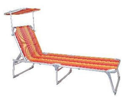 Immagine di lettino pieghevole con tettuccio riparasole, stuttura in alluminio, seduta in tessuto texilene colore ecrù, schienale regolabile in 3 posizioni, dimensioni cm.192x67 h.42                                                                                                                                                                                                                                                                                                                                          