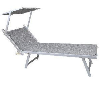Immagine di lettino con tettuccio riparasole, stuttura in alluminio, seduta in tessuto texilene colore beige, schienale regolabile in 3 posizioni, dimensioni cm.181x70 h.39                                                                                                                                                                                                                                                                                                                                                    