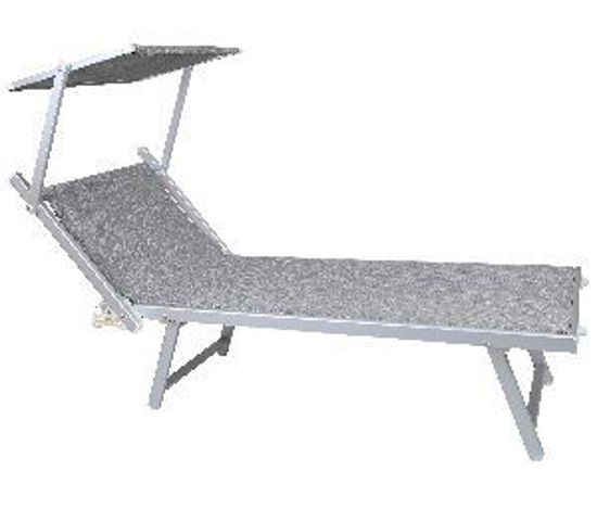 Immagine di lettino con tettuccio riparasole, stuttura in alluminio, seduta in tessuto texilene colore beige, schienale regolabile in 3 posizioni, dimensioni cm.181x70 h.39                                                                                                                                                                                                                                                                                                                                                    