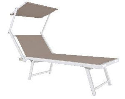 Immagine di lettino con tettuccio riparasole, stuttura in alluminio, seduta in tessuto texilene colore taupe, schienale regolabile in 3 posizioni, dimensioni cm.181x70 h.39                                                                                                                                                                                                                                                                                                                                                    