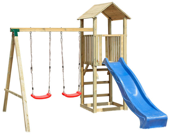 Immagine di set gioco giardino pz0002, con doppia altalena, torretta con scala e scivolo                                                                                                                                                                                                                                                                                                                                                                                                                                        