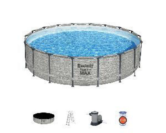 Immagine di set piscina fuori terra rotonda steel pro max da 549x122 cm effetto pietra                                                                                                                                                                                                                                                                                                                                                                                                                                          